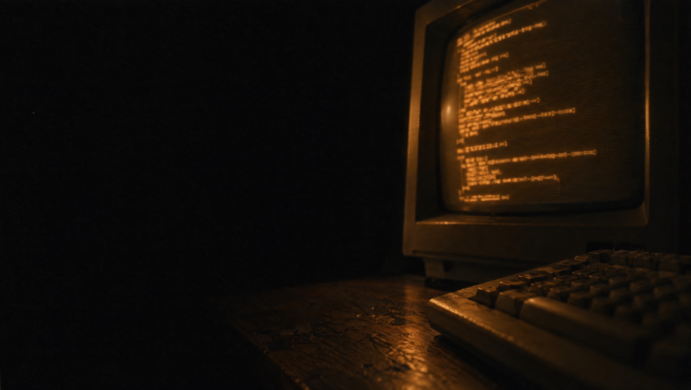 An old amber monitor showing code on a dark desk at night